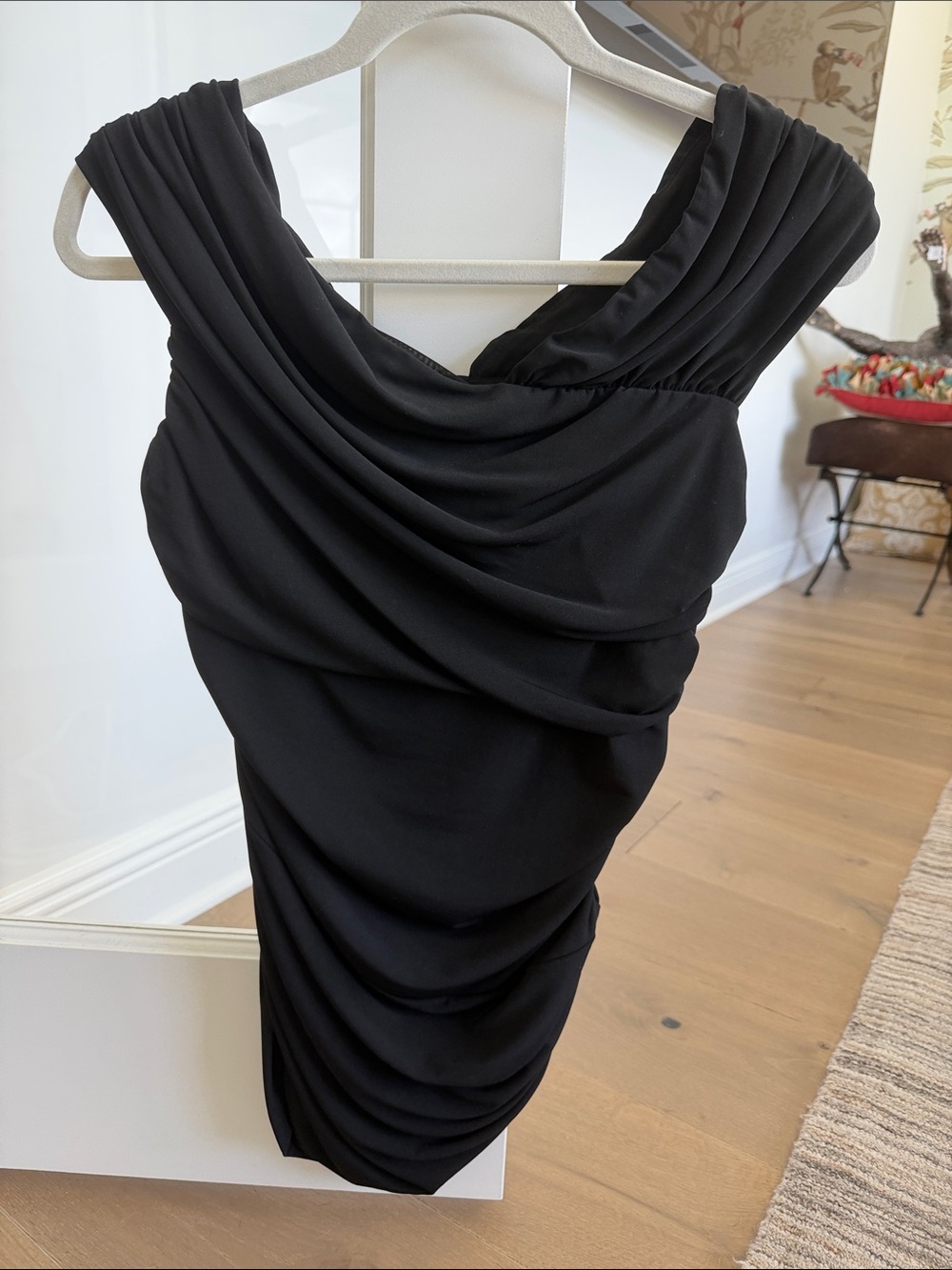 One-Shoulder Black Draped Cocktail Dress